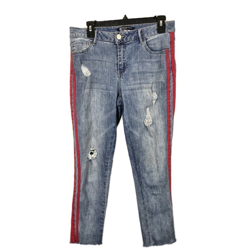 Boomboom Jeans Juniors Size 9 Distressed Raw Hem Denim Skinny Fit Red Stripes